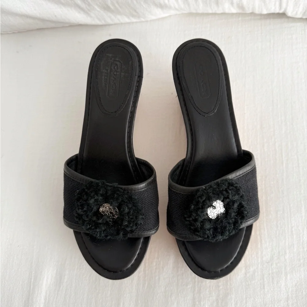 Coach Jazmin Black Leather & Cork Wedge Sandals